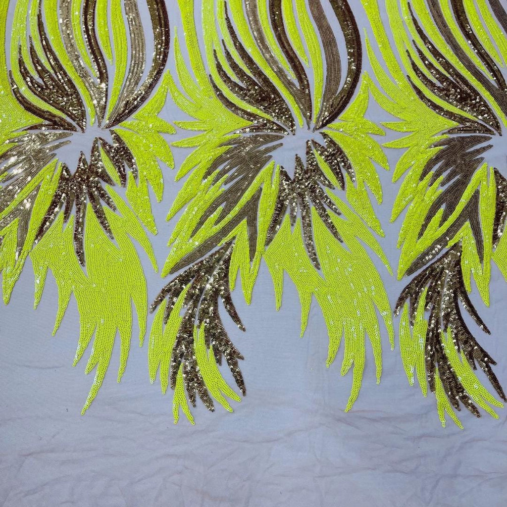 Feather Design Iridescent - YELLOW/GOLD - Luxury Shiny Sequin - 4 Way Stretch Mesh Fabric – Prom & Evening Dress Material By The Yard.