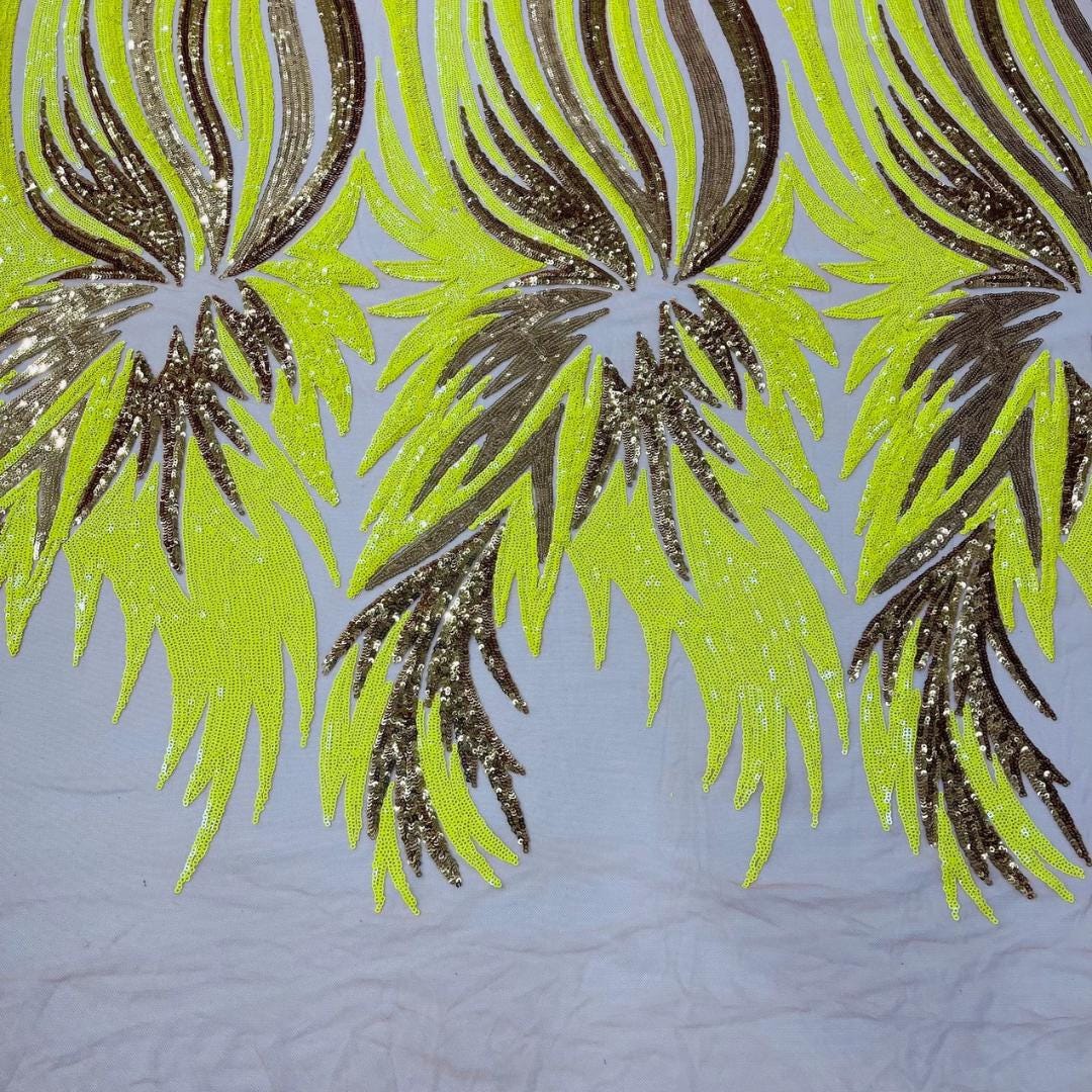 Feather Design Iridescent - YELLOW/GOLD - Luxury Shiny Sequin - 4 Way Stretch Mesh Fabric – Prom & Evening Dress Material By The Yard.
