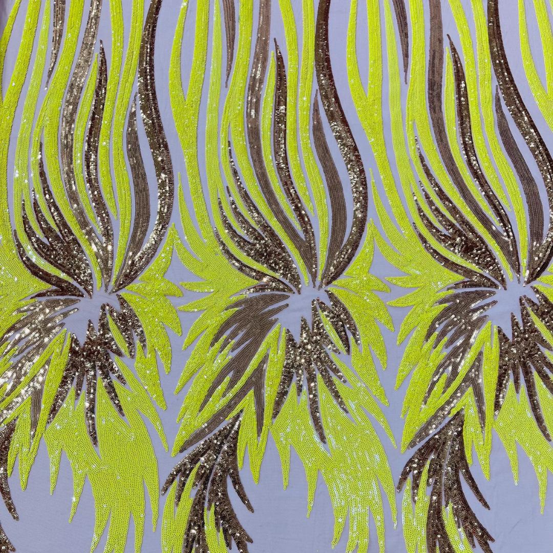 Feather Design Iridescent - YELLOW/GOLD - Luxury Shiny Sequin - 4 Way Stretch Mesh Fabric – Prom & Evening Dress Material By The Yard.