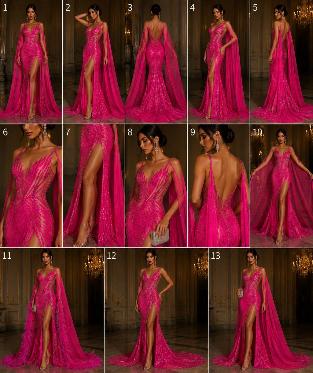 Feather Design Iridescent - HOT PINK - Luxury Shiny Sequin - 4 Way Stretch Mesh Fabric – Prom & Evening Dress Material By The Yard.