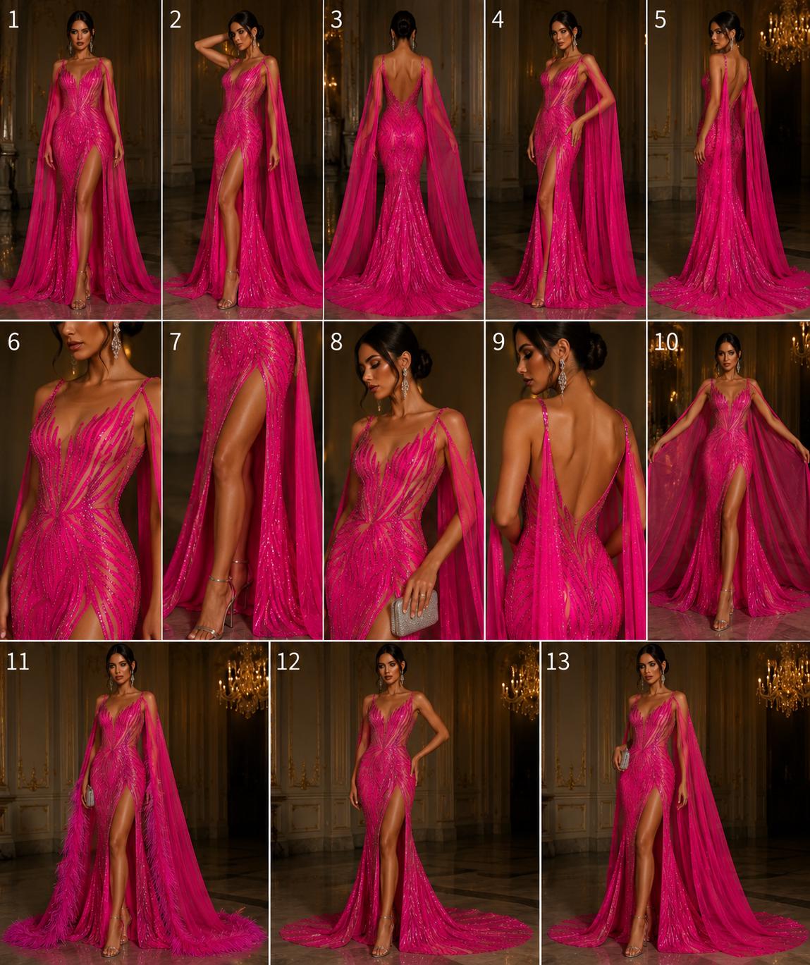 Feather Design Iridescent - HOT PINK - Luxury Shiny Sequin - 4 Way Stretch Mesh Fabric – Prom & Evening Dress Material By The Yard.