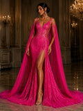 Feather Design Iridescent - HOT PINK - Luxury Shiny Sequin - 4 Way Stretch Mesh Fabric – Prom & Evening Dress Material By The Yard.