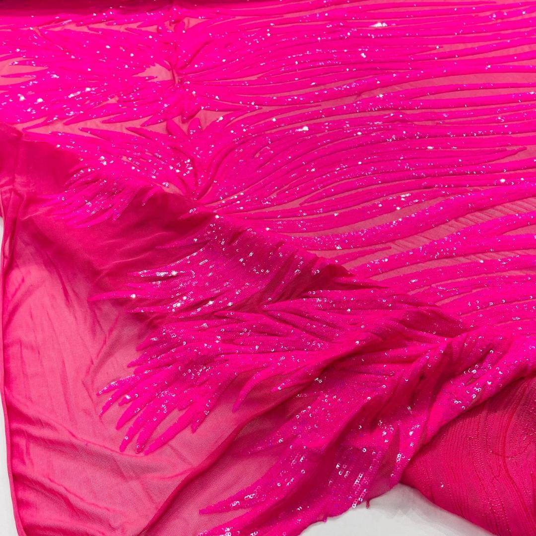 Feather Design Iridescent - HOT PINK - Luxury Shiny Sequin - 4 Way Stretch Mesh Fabric – Prom & Evening Dress Material By The Yard.
