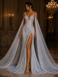Feather Design Iridescent - AQUA BLUE - Luxury Shiny Sequin - 4 Way Stretch Mesh Fabric – Prom & Evening Dress Material By The Yard.