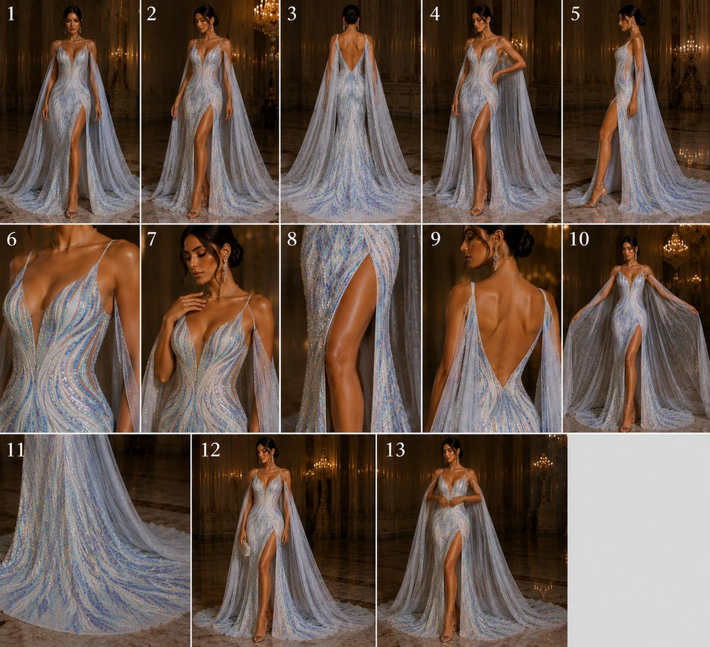 Feather Design Iridescent - AQUA BLUE - Luxury Shiny Sequin - 4 Way Stretch Mesh Fabric – Prom & Evening Dress Material By The Yard.