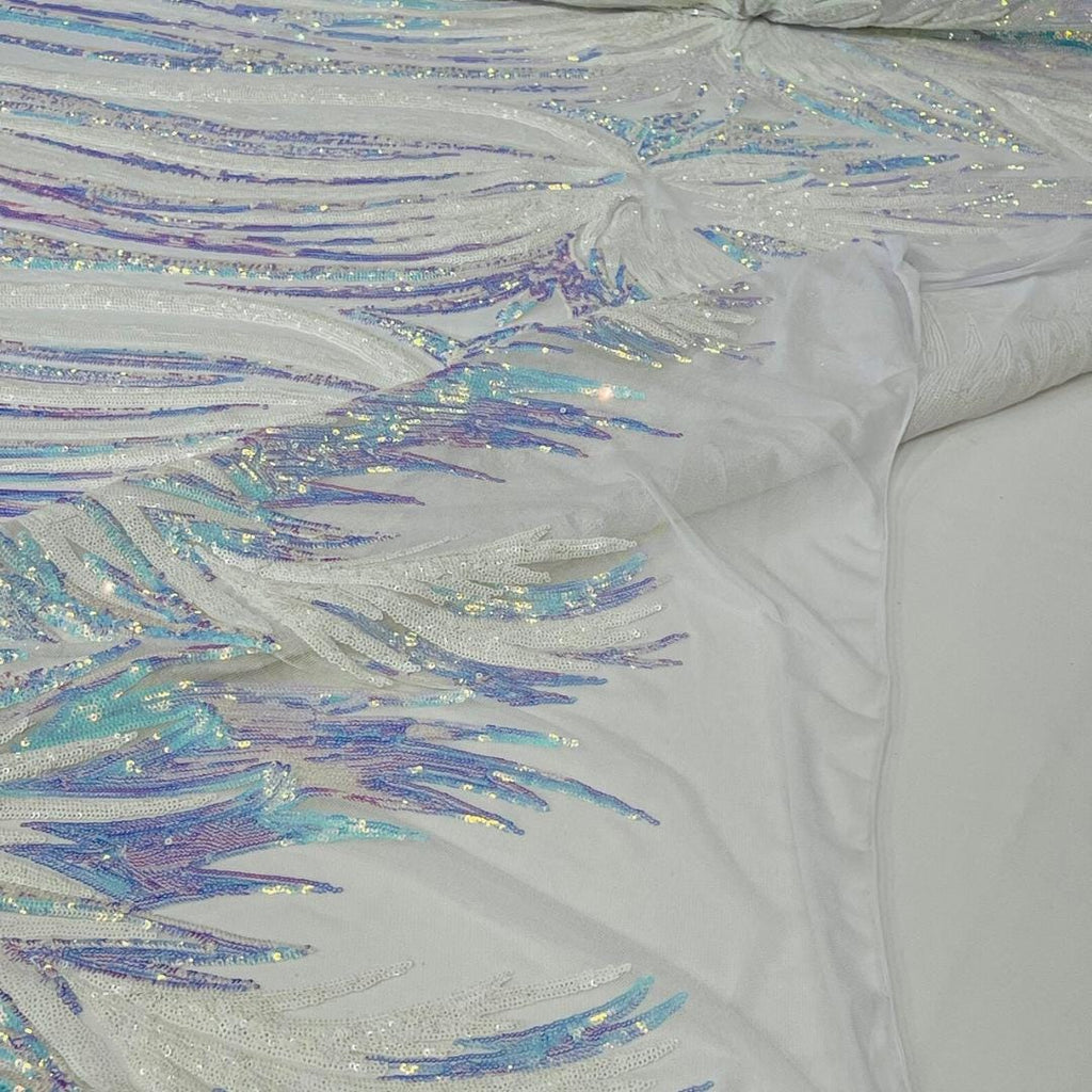 Feather Design Iridescent - AQUA BLUE - Luxury Shiny Sequin - 4 Way Stretch Mesh Fabric – Prom & Evening Dress Material By The Yard.