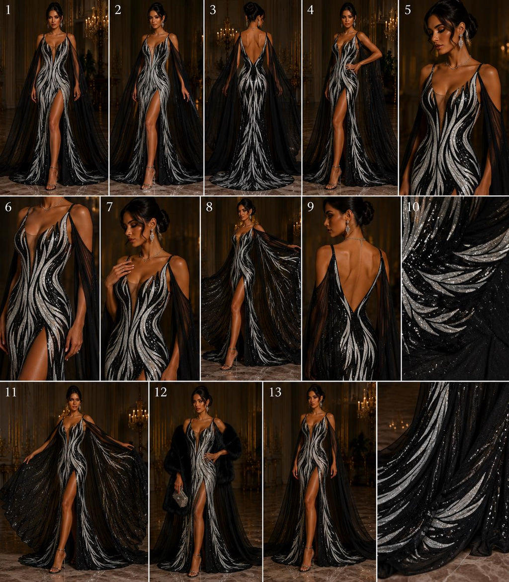 Feather Design Iridescent - BLACK/SILVER - Luxury Shiny Sequin - 4 Way Stretch Mesh Fabric – Prom & Evening Dress Material By The Yard.