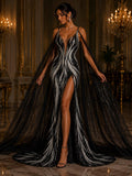 Feather Design Iridescent - BLACK/SILVER - Luxury Shiny Sequin - 4 Way Stretch Mesh Fabric – Prom & Evening Dress Material By The Yard.