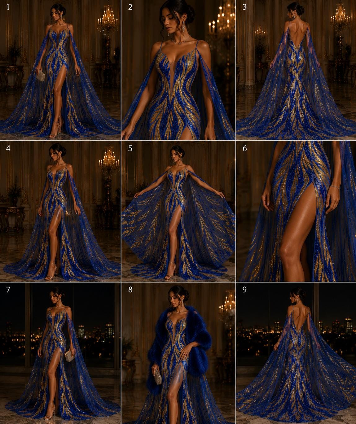 Feather Design Iridescent - ROYAL/GOLD - Luxury Shiny Sequin - 4 Way Stretch Mesh Fabric – Prom & Evening Dress Material By The Yard.