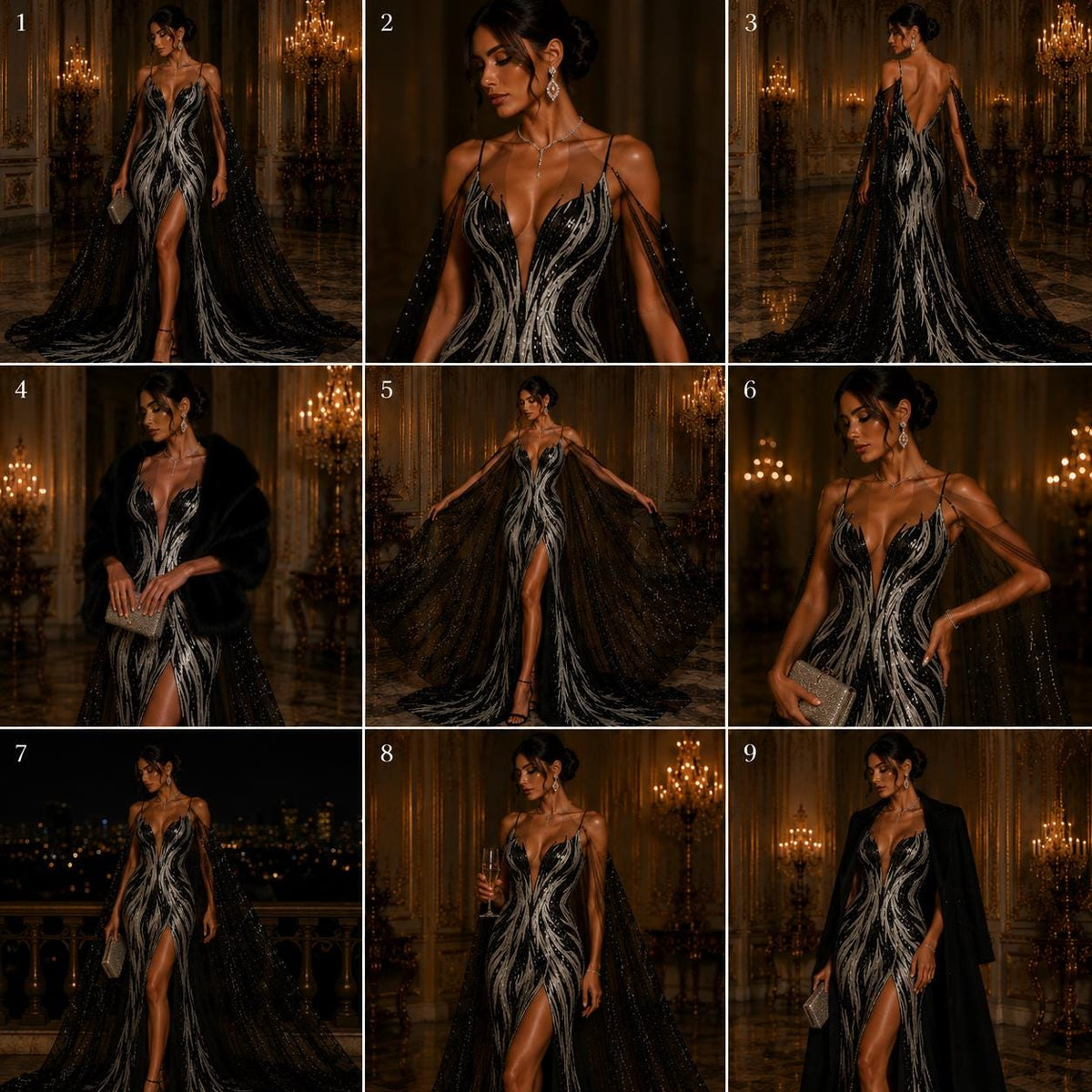 Feather Design Iridescent - BLACK - Luxury Shiny Sequin - 4 Way Stretch Mesh Fabric – Prom & Evening Dress Material By The Yard.