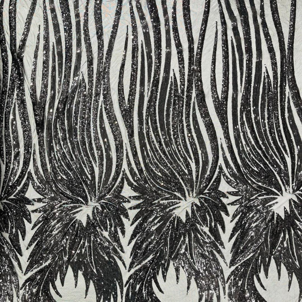Feather Design Iridescent - BLACK - Luxury Shiny Sequin - 4 Way Stretch Mesh Fabric – Prom & Evening Dress Material By The Yard.