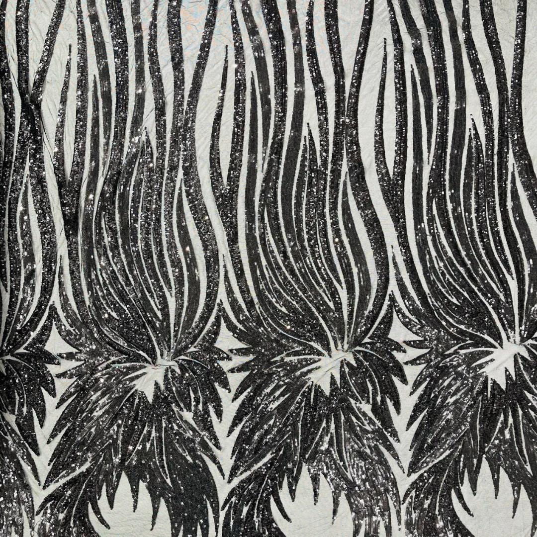 Feather Design Iridescent - BLACK - Luxury Shiny Sequin - 4 Way Stretch Mesh Fabric – Prom & Evening Dress Material By The Yard.