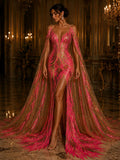 Feather Design Iridescent - HOT PINK/GOLD - Luxury Shiny Sequin - 4 Way Stretch Mesh Fabric – Prom & Evening Dress Material By The Yard.
