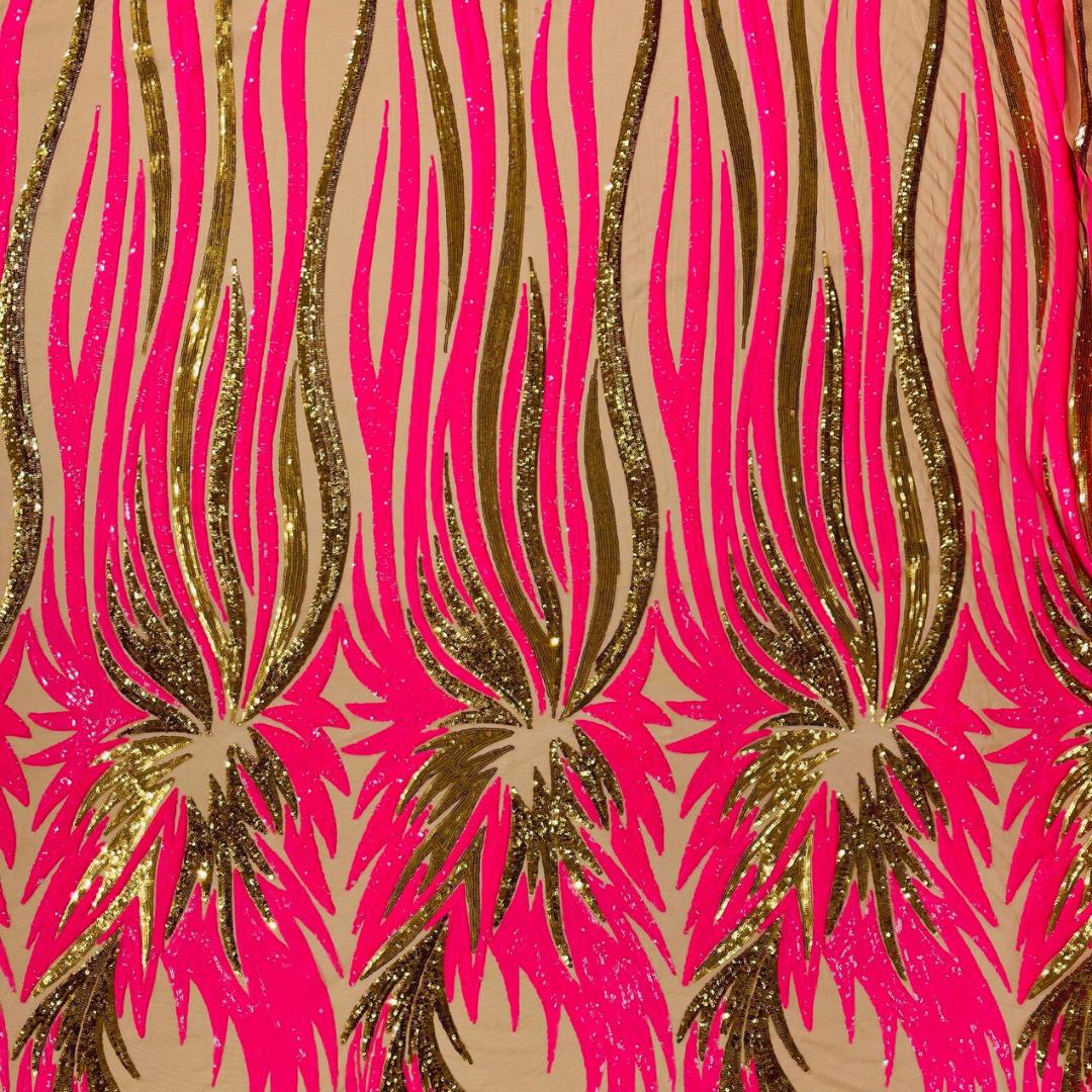 Feather Design Iridescent - HOT PINK/GOLD - Luxury Shiny Sequin - 4 Way Stretch Mesh Fabric – Prom & Evening Dress Material By The Yard.