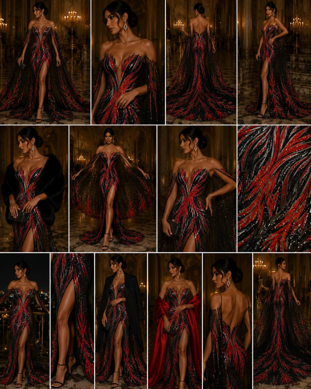 Feather Design Iridescent - BLACK/RED - Luxury Shiny Sequin - 4 Way Stretch Mesh Fabric – Prom & Evening Dress Material By The Yard.