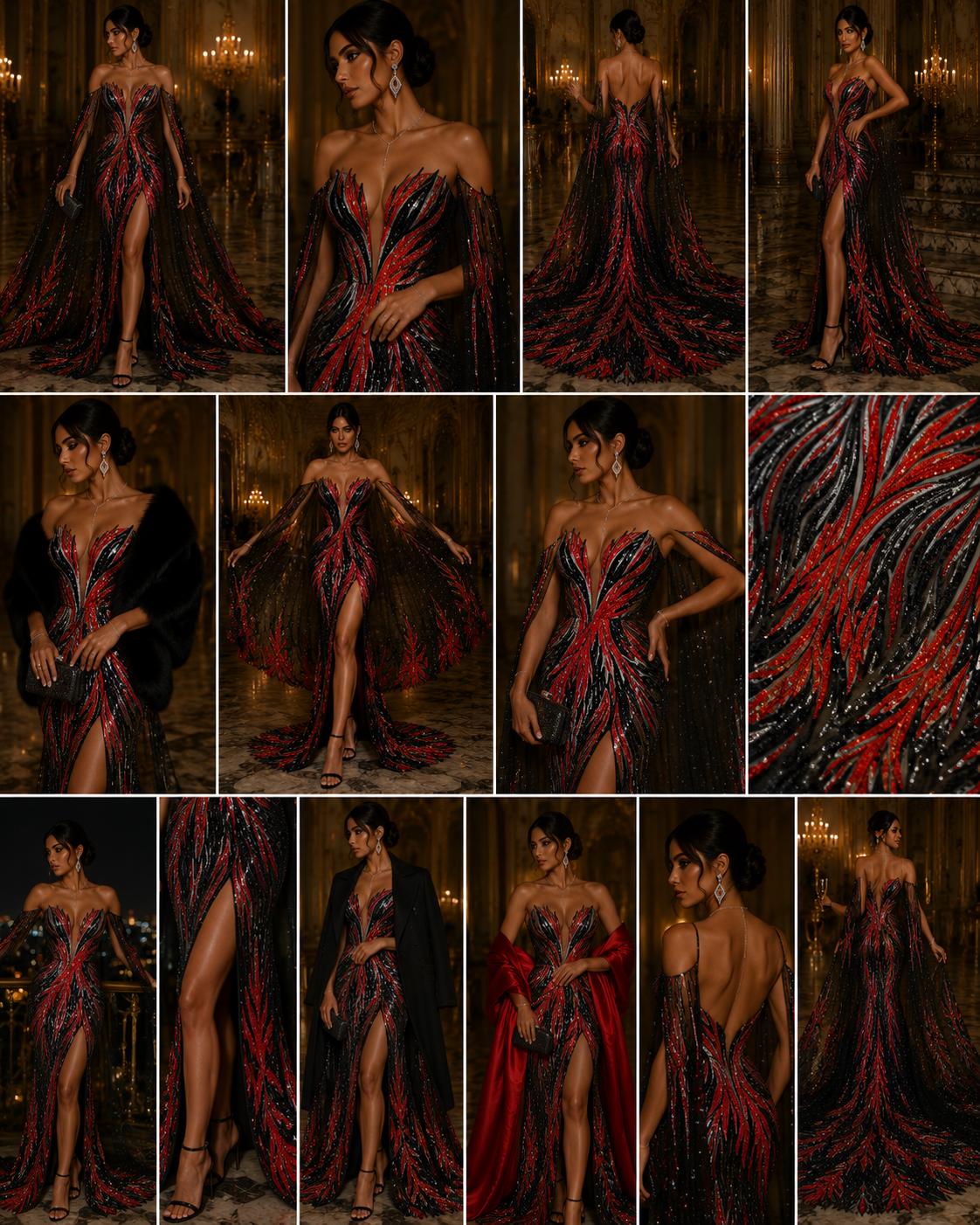 Feather Design Iridescent - BLACK/RED - Luxury Shiny Sequin - 4 Way Stretch Mesh Fabric – Prom & Evening Dress Material By The Yard.