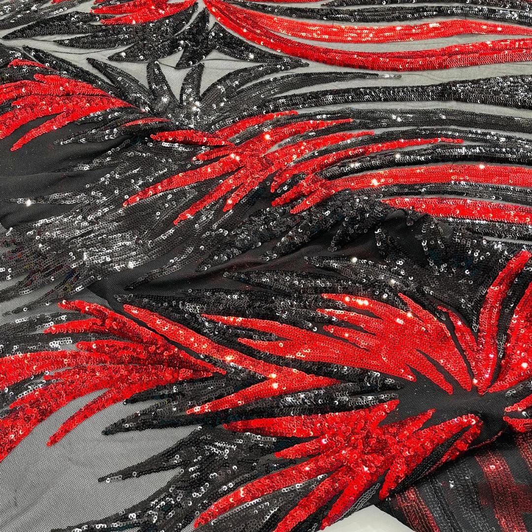 Feather Design Iridescent - BLACK/RED - Luxury Shiny Sequin - 4 Way Stretch Mesh Fabric – Prom & Evening Dress Material By The Yard.