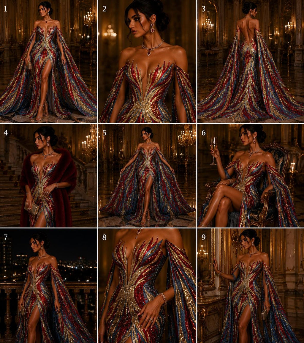 Feather Design Iridescent - RED/GOLD - Luxury Shiny Sequin - 4 Way Stretch Mesh Fabric – Prom & Evening Dress Material By The Yard.