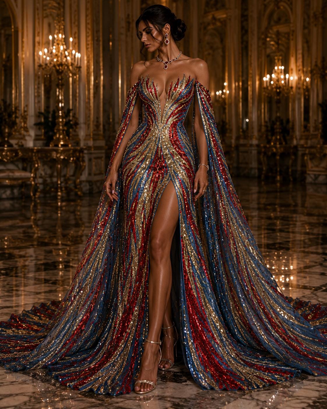 Feather Design Iridescent - RED/GOLD - Luxury Shiny Sequin - 4 Way Stretch Mesh Fabric – Prom & Evening Dress Material By The Yard.