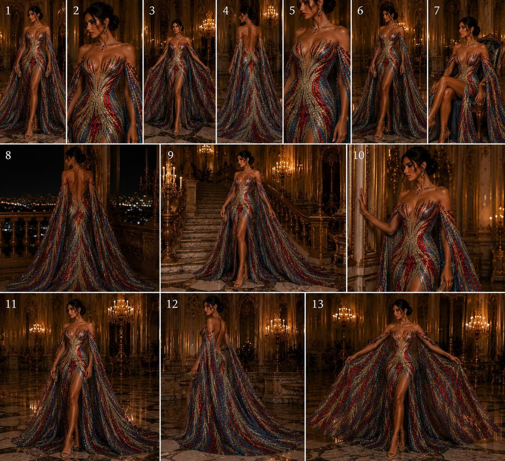 Feather Design Iridescent - RED/GOLD - Luxury Shiny Sequin - 4 Way Stretch Mesh Fabric – Prom & Evening Dress Material By The Yard.