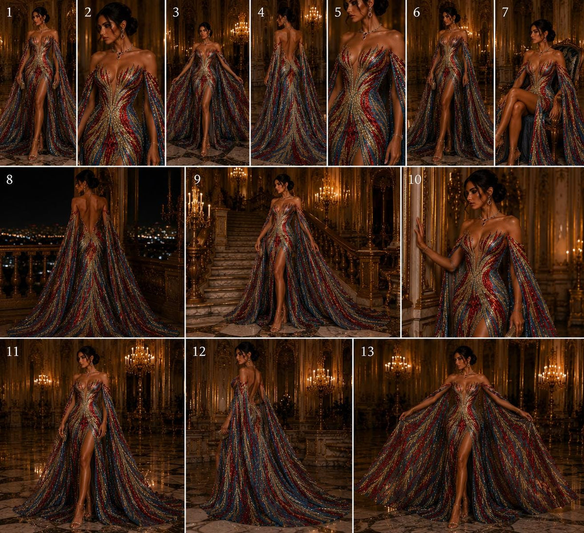 Feather Design Iridescent - RED/GOLD - Luxury Shiny Sequin - 4 Way Stretch Mesh Fabric – Prom & Evening Dress Material By The Yard.