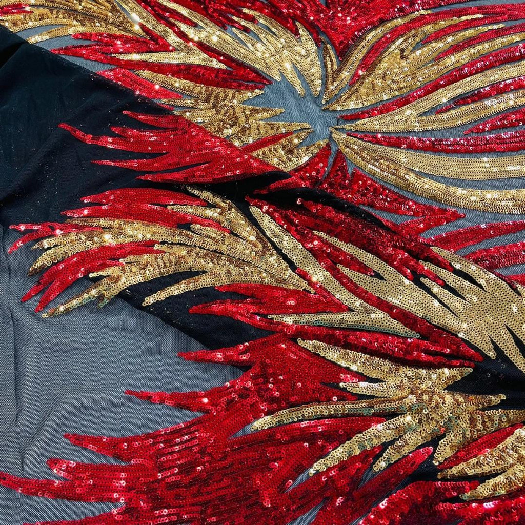 Feather Design Iridescent - RED/GOLD - Luxury Shiny Sequin - 4 Way Stretch Mesh Fabric – Prom & Evening Dress Material By The Yard.