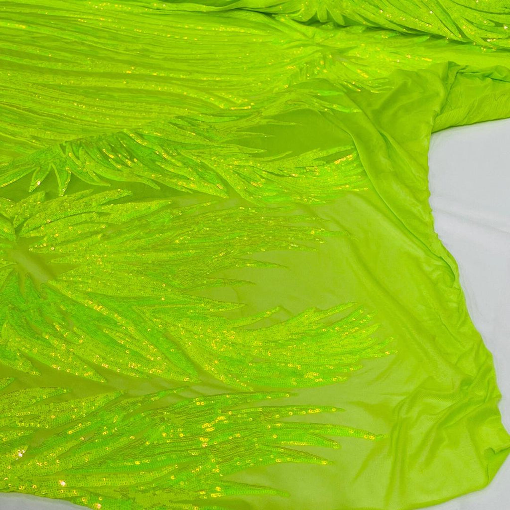 Feather Design Iridescent - NEON GREEN - Luxury Shiny Sequin - 4 Way Stretch Mesh Fabric – Prom & Evening Dress Material By The Yard.