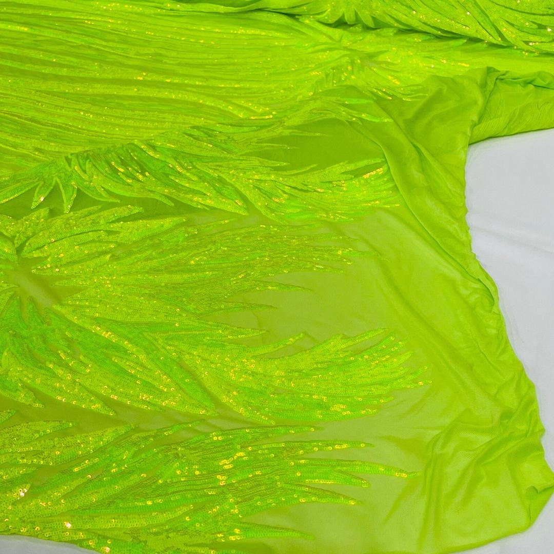 Feather Design Iridescent - NEON GREEN - Luxury Shiny Sequin - 4 Way Stretch Mesh Fabric – Prom & Evening Dress Material By The Yard.