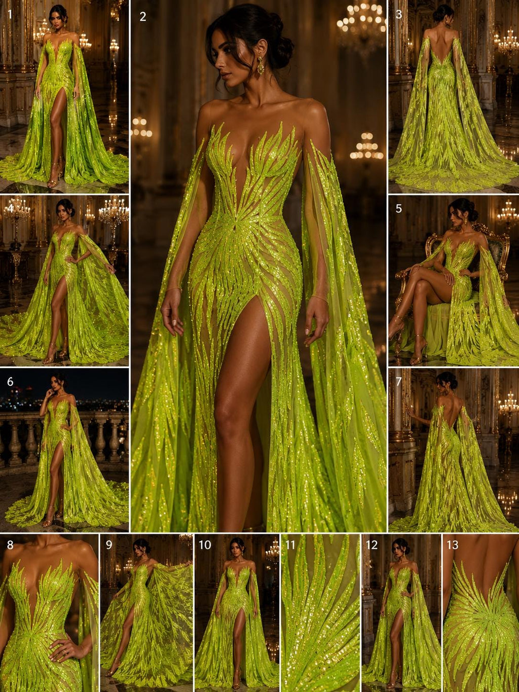 Feather Design Iridescent - NEON GREEN - Luxury Shiny Sequin - 4 Way Stretch Mesh Fabric – Prom & Evening Dress Material By The Yard.