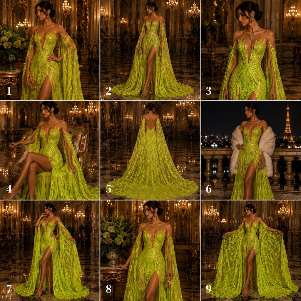 Feather Design Iridescent - NEON GREEN - Luxury Shiny Sequin - 4 Way Stretch Mesh Fabric – Prom & Evening Dress Material By The Yard.