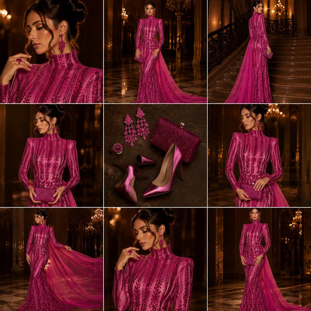 FUCHSIA - Lux Sequin Embroidered Mesh Fabric – Luxury Blue Lace by the Yard – Couture Evening Dress, Prom & Bridal Fabric