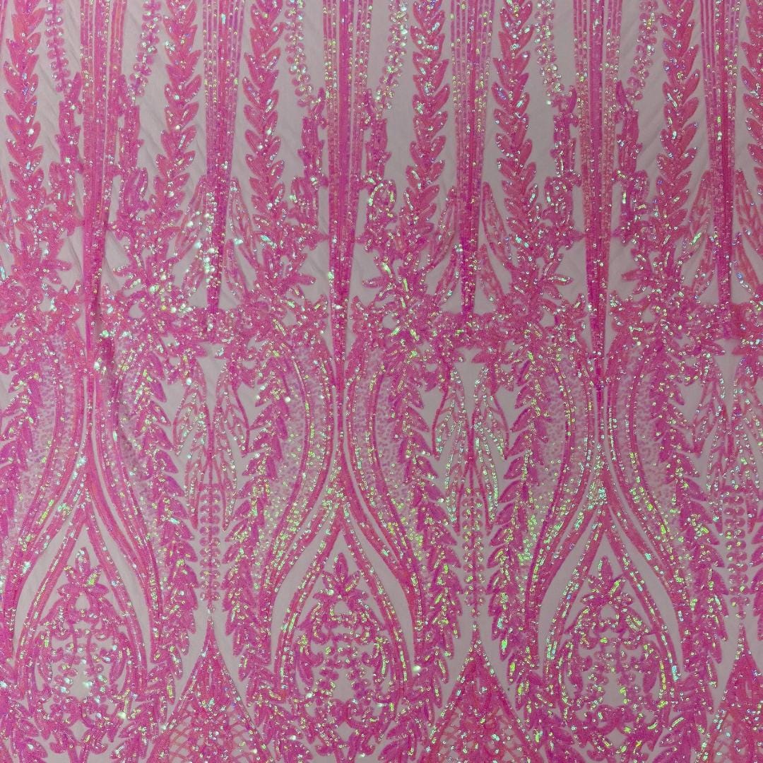 PINK - Lux Iridescent Sequin Embroidered Mesh Fabric – Luxury Blue Lace by the Yard – Couture Evening Dress, Prom & Bridal Fabric