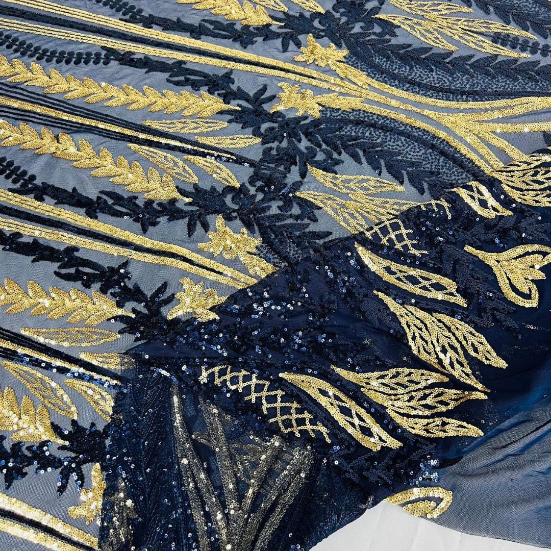 NAVY/GOLD - Lux Iridescent Sequin Embroidered Mesh Fabric – Luxury Blue Lace by the Yard – Couture Evening Dress, Prom & Bridal Fabric