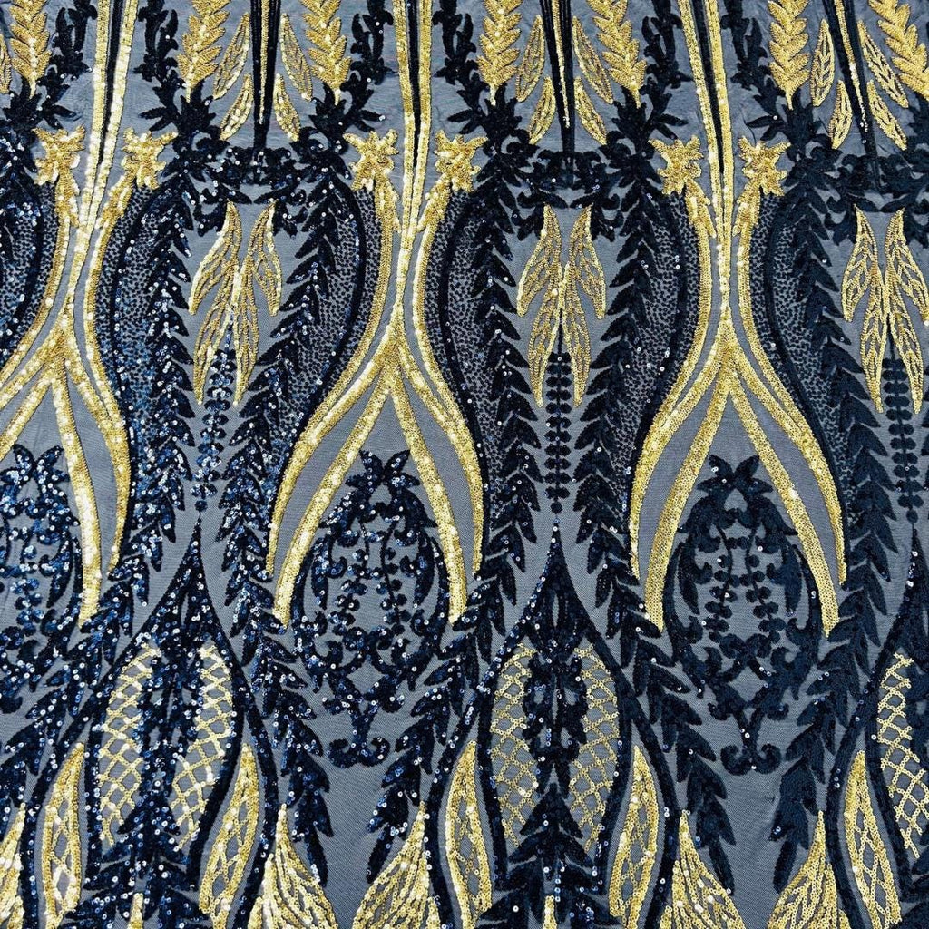 NAVY/GOLD - Lux Iridescent Sequin Embroidered Mesh Fabric – Luxury Blue Lace by the Yard – Couture Evening Dress, Prom & Bridal Fabric