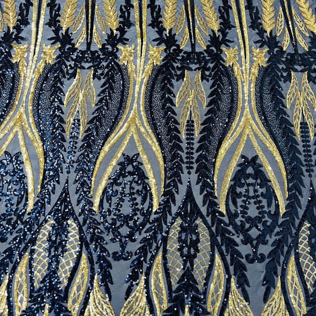NAVY/GOLD - Lux Iridescent Sequin Embroidered Mesh Fabric – Luxury Blue Lace by the Yard – Couture Evening Dress, Prom & Bridal Fabric