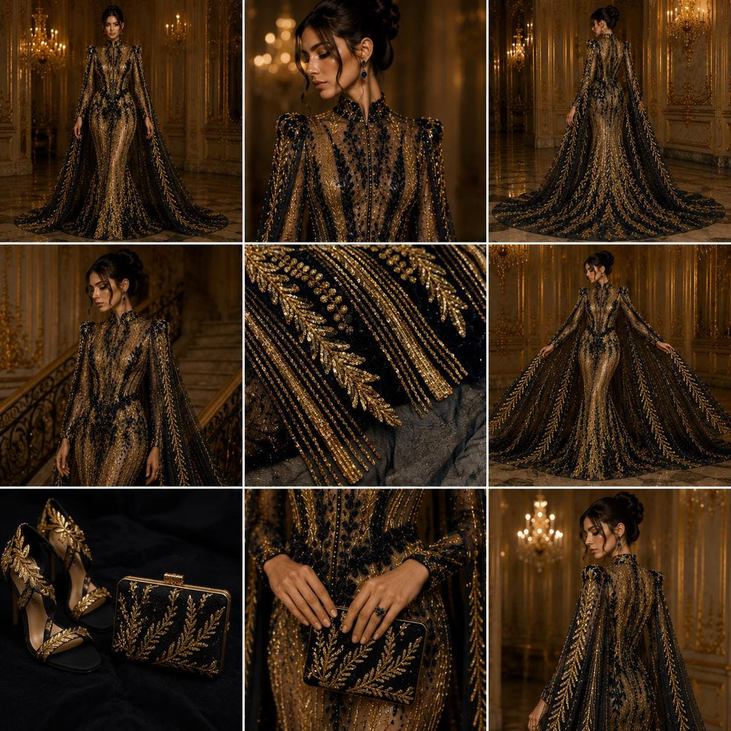 GOLD/BLACK - Lux Iridescent Sequin Embroidered Mesh Fabric – Luxury Blue Lace by the Yard – Couture Evening Dress, Prom & Bridal Fabric