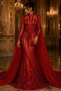 RED - Lux Sequin Embroidered Mesh Fabric – Luxury Blue Lace by the Yard – Couture Evening Dress, Prom & Bridal Fabric