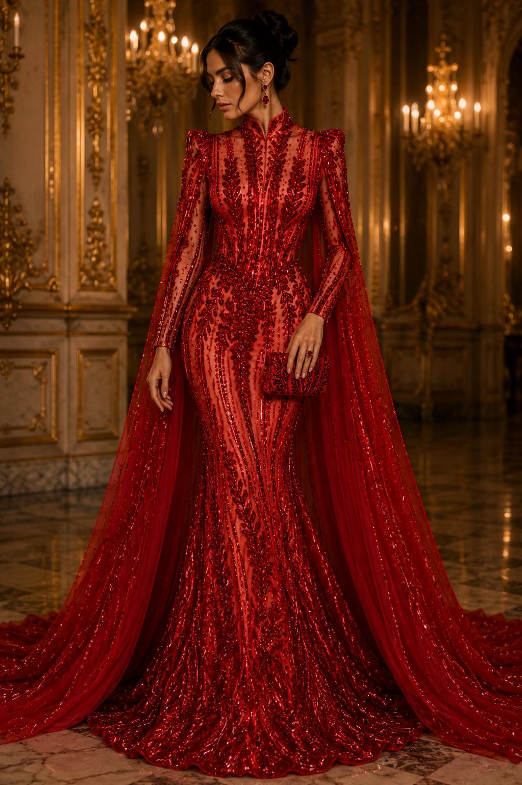 RED - Lux Sequin Embroidered Mesh Fabric – Luxury Blue Lace by the Yard – Couture Evening Dress, Prom & Bridal Fabric