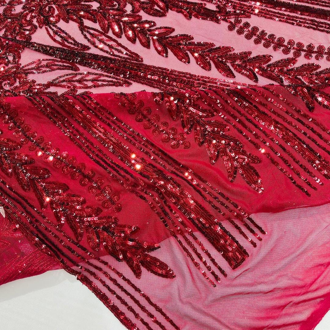 BURGUNDY - Lux Sequin Embroidered Mesh Fabric – Luxury Blue Lace by the Yard – Couture Evening Dress, Prom & Bridal Fabric