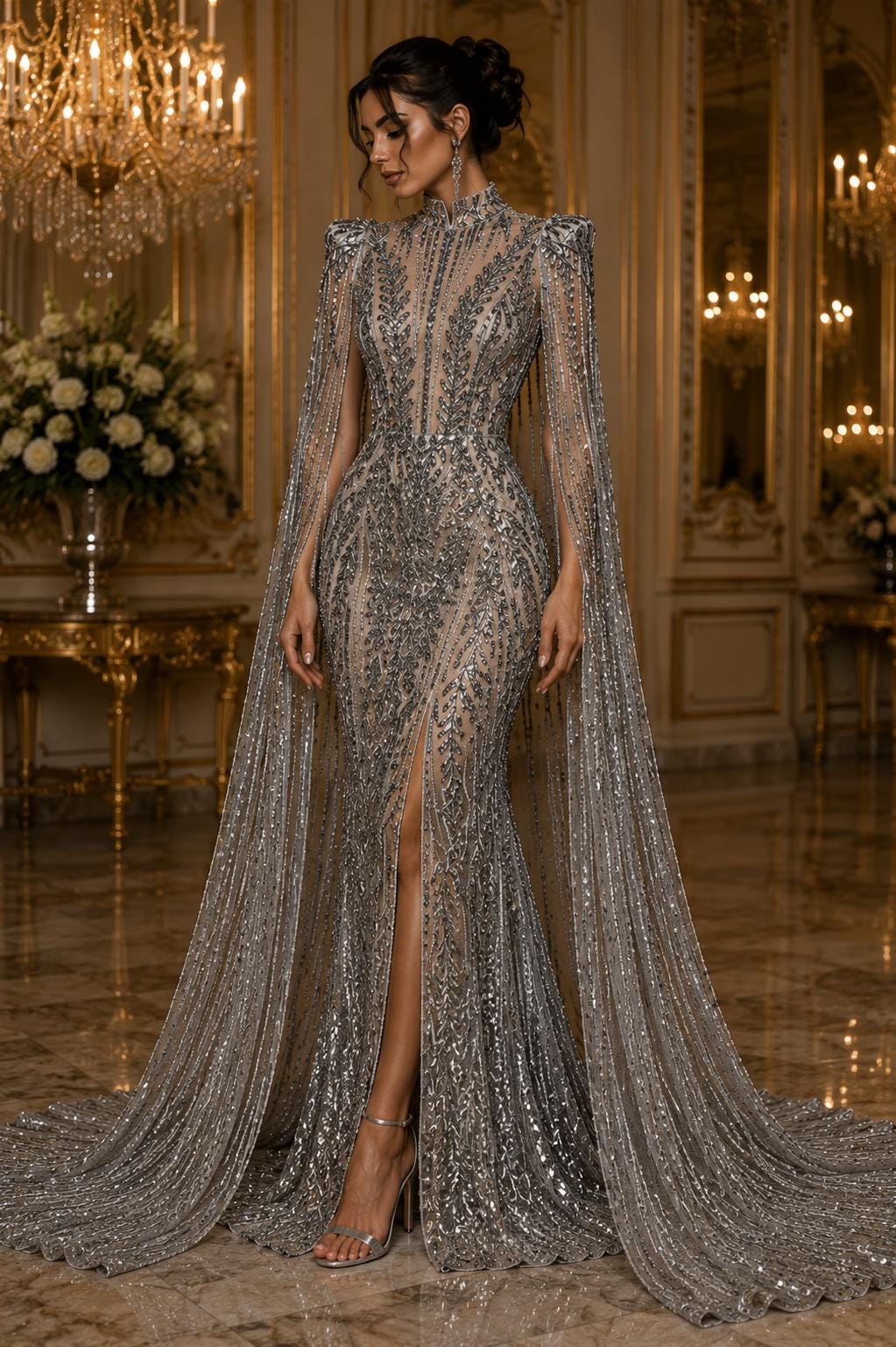 SILVER - Lux Sequin Embroidered Mesh Fabric – Luxury Blue Lace by the Yard – Couture Evening Dress, Prom & Bridal Fabric