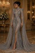 SILVER - Lux Sequin Embroidered Mesh Fabric – Luxury Blue Lace by the Yard – Couture Evening Dress, Prom & Bridal Fabric