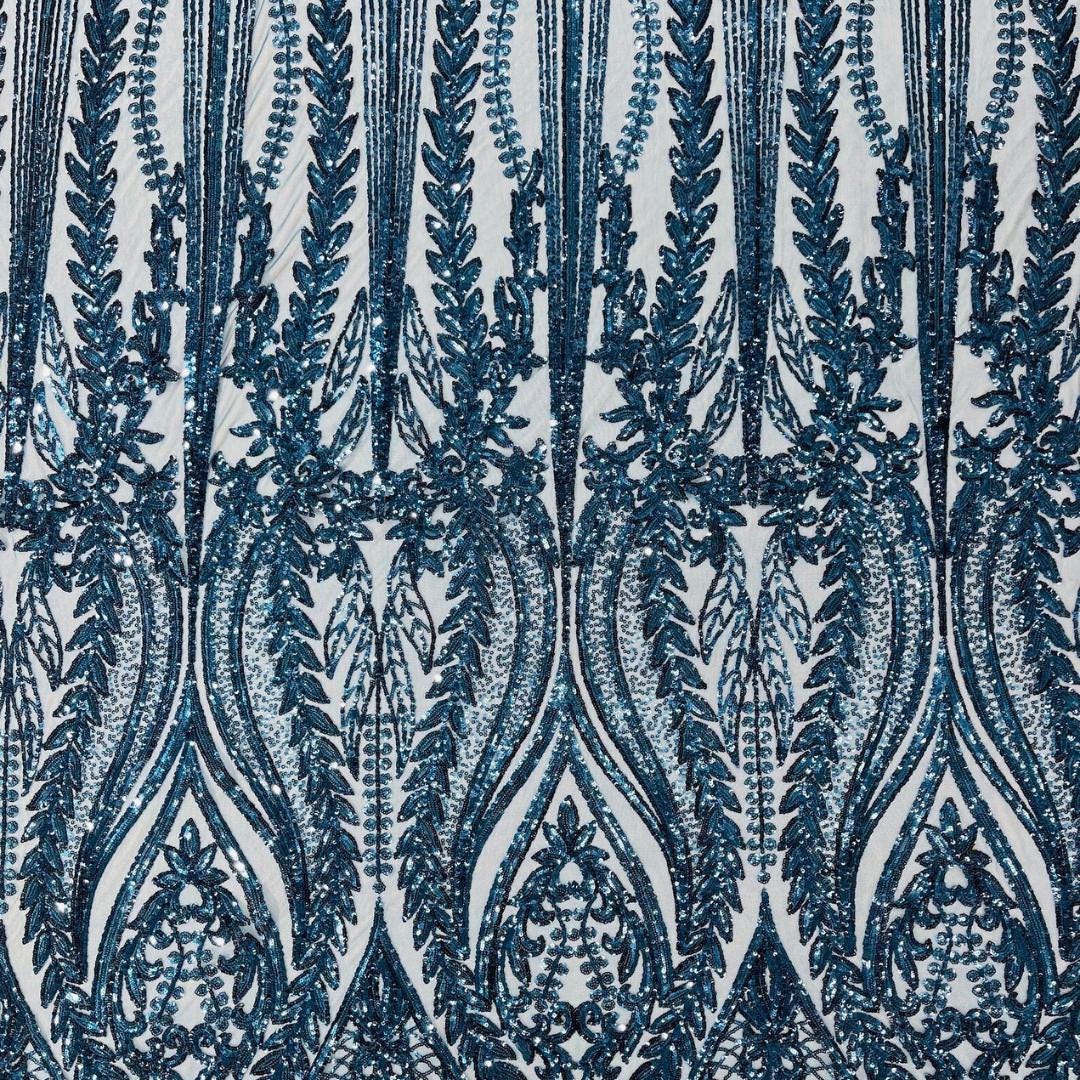 TEAL BLUE - Lux Sequin Embroidered Mesh Fabric – Luxury Blue Lace by the Yard – Couture Evening Dress, Prom & Bridal Fabric