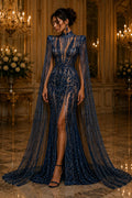 TEAL BLUE - Lux Sequin Embroidered Mesh Fabric – Luxury Blue Lace by the Yard – Couture Evening Dress, Prom & Bridal Fabric