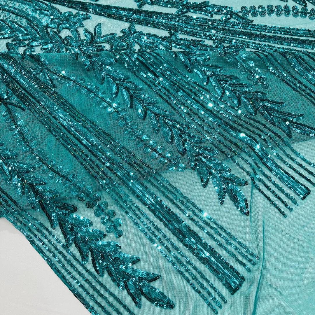 TEAL GREEN - Lux Sequin Embroidered Mesh Fabric – Luxury Blue Lace by the Yard – Couture Evening Dress, Prom & Bridal Fabric