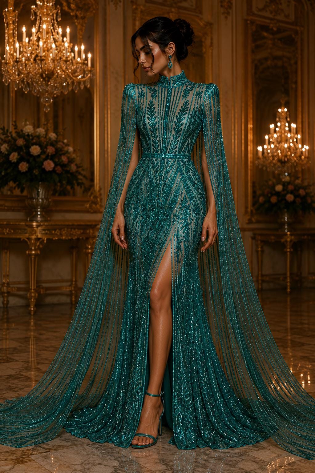 TEAL GREEN - Lux Sequin Embroidered Mesh Fabric – Luxury Blue Lace by the Yard – Couture Evening Dress, Prom & Bridal Fabric
