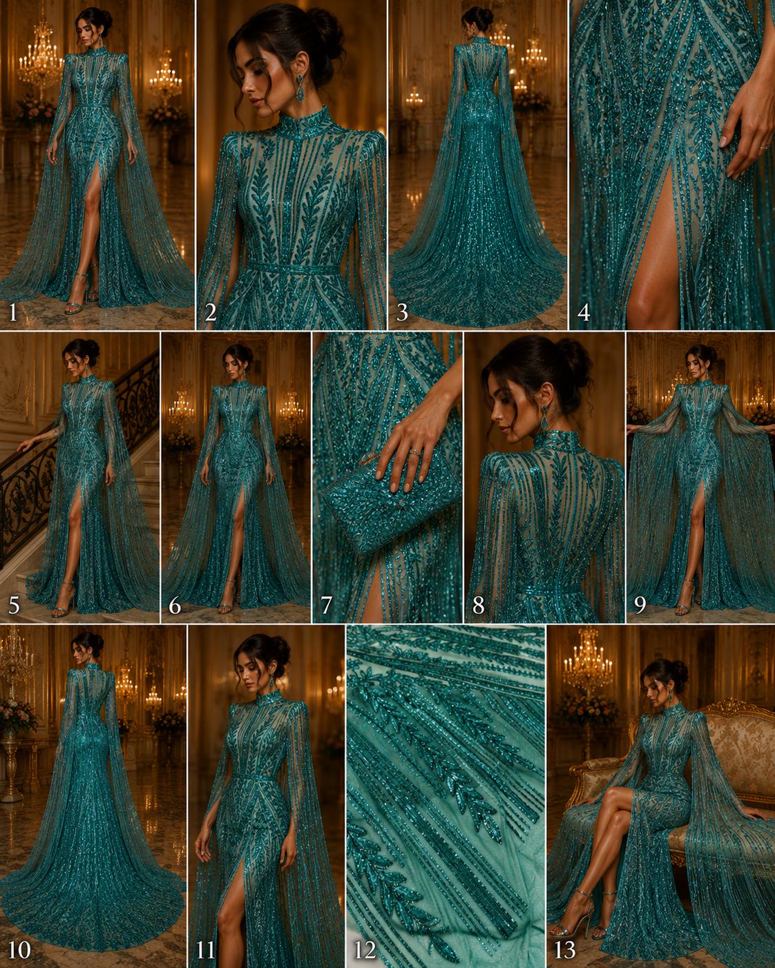 TEAL GREEN - Lux Sequin Embroidered Mesh Fabric – Luxury Blue Lace by the Yard – Couture Evening Dress, Prom & Bridal Fabric