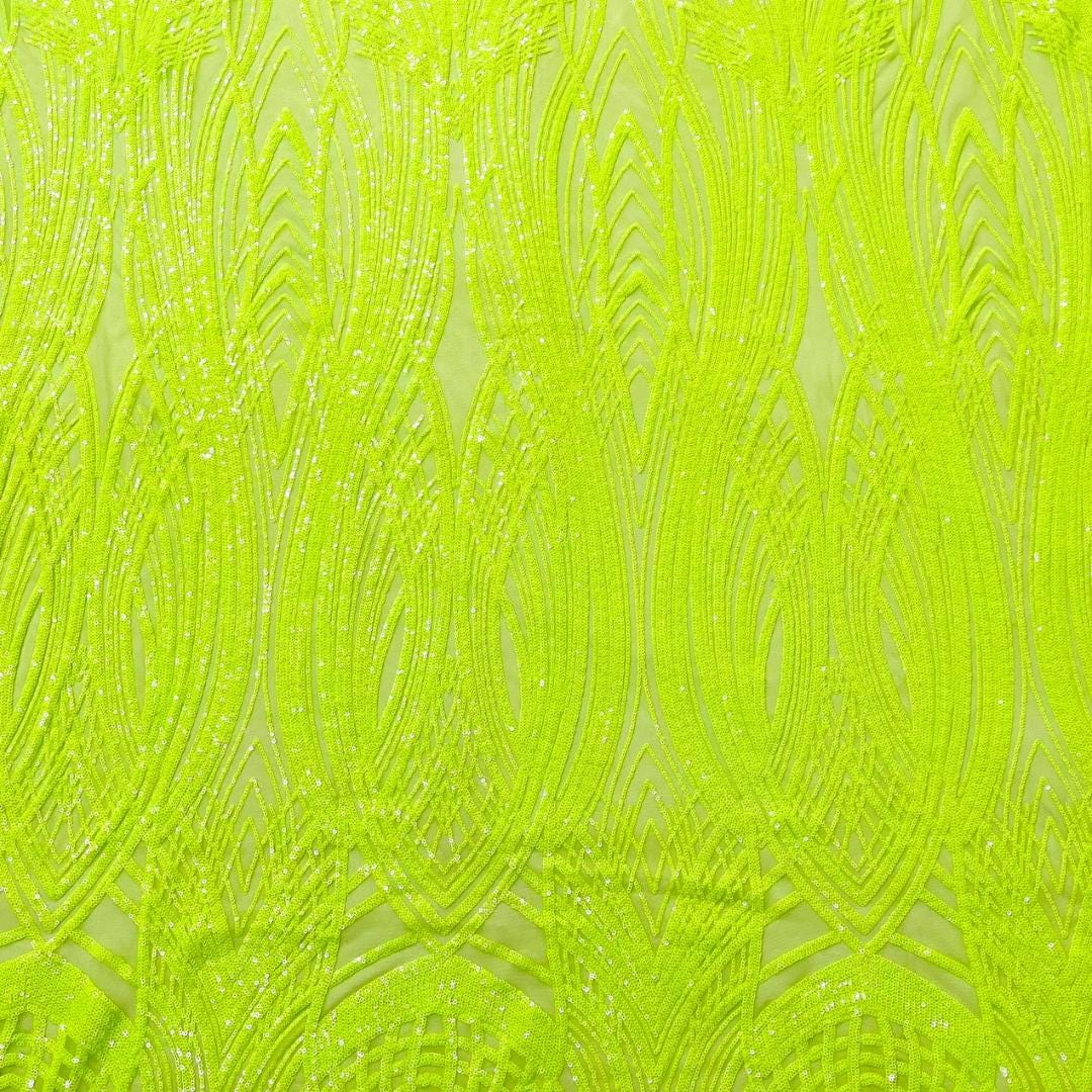 Neon Green - Glossy Design Luxury Shiny Sequin - 4 Way Stretch Mesh Fabric – Prom & Evening Dress Material By The Yard.