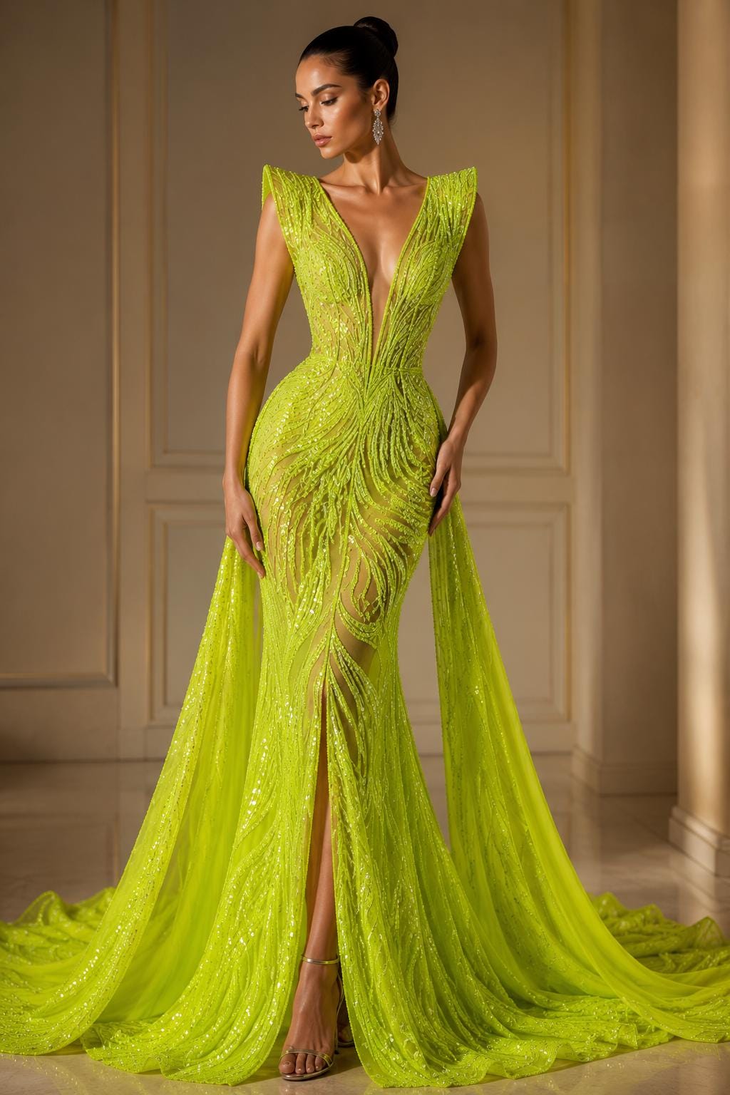 Neon Green - Glossy Design Luxury Shiny Sequin - 4 Way Stretch Mesh Fabric – Prom & Evening Dress Material By The Yard.