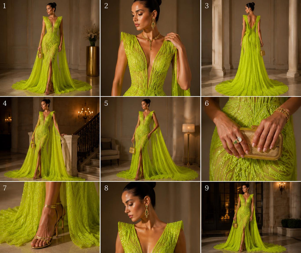 Neon Green - Glossy Design Luxury Shiny Sequin - 4 Way Stretch Mesh Fabric – Prom & Evening Dress Material By The Yard.