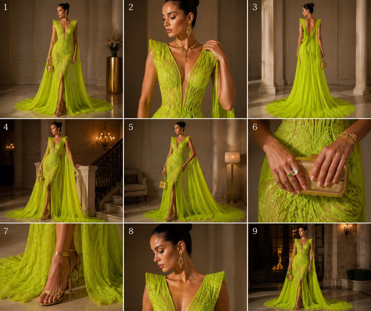 Neon Green - Glossy Design Luxury Shiny Sequin - 4 Way Stretch Mesh Fabric – Prom & Evening Dress Material By The Yard.
